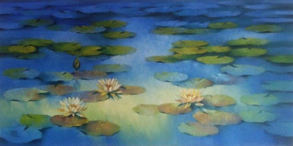 Nature oil painting titled 'Blue Flower Beauty', 30x60 inches, by artist Swati Kale on Canvas