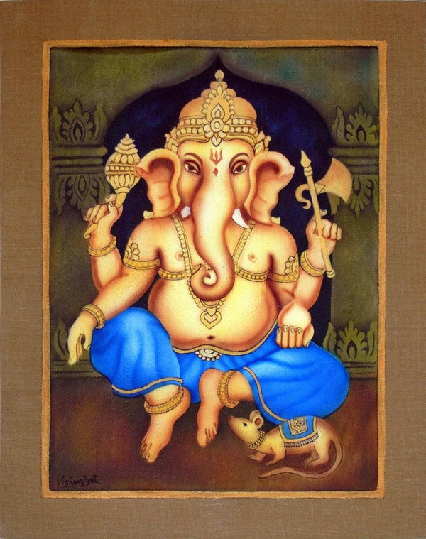 Religious airbrush painting titled 'Blue Ganesha I', 34x28 inches, by artist Vishwajyoti Mohrhoff on Canvas