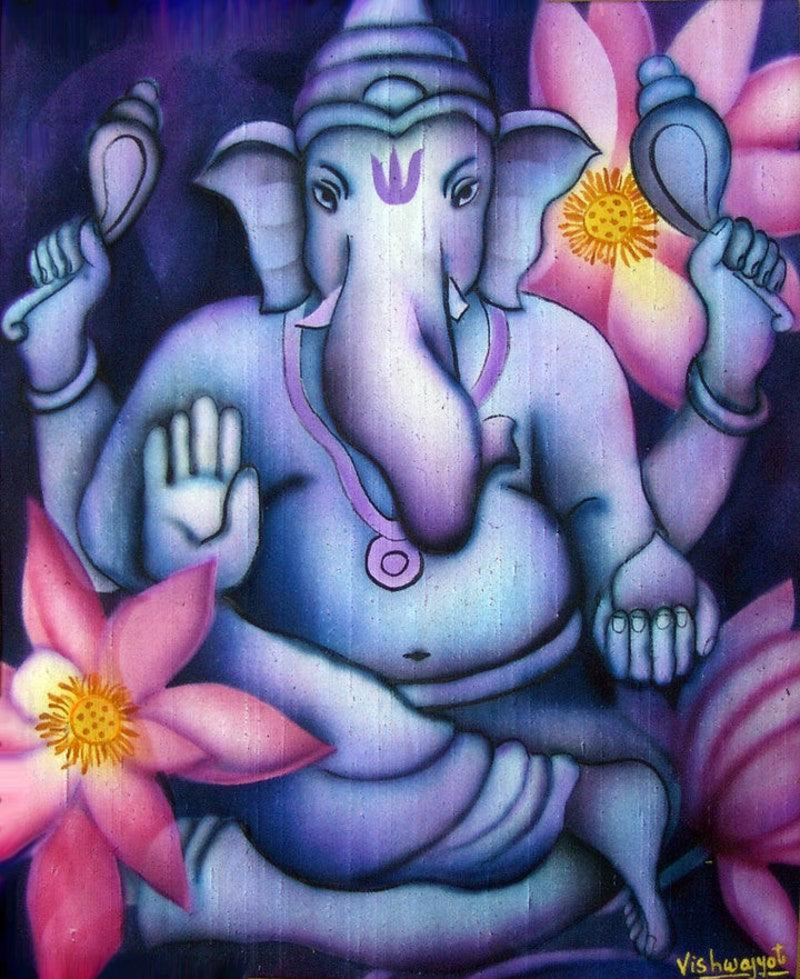 Religious airbrush painting titled 'Blue Ganesha II', 34x28 inches, by artist Vishwajyoti Mohrhoff on Canvas