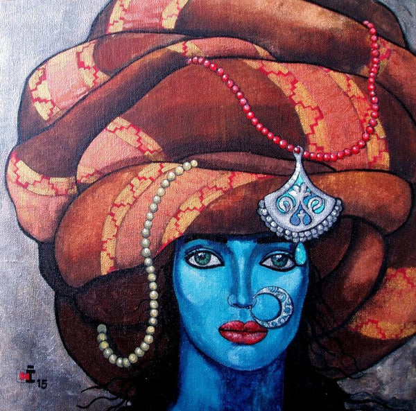 Figurative acrylic painting titled 'Blue girl in a turban', 14x14 inches, by artist Suruchi Jamkar on Canvas