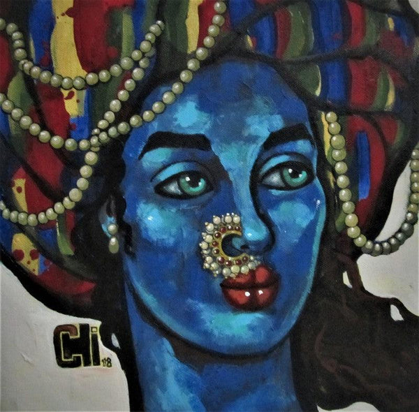 Portrait acrylic painting titled 'Blue Girl With A Nose Ring 2', 12x12 inches, by artist Suruchi Jamkar on Canvas