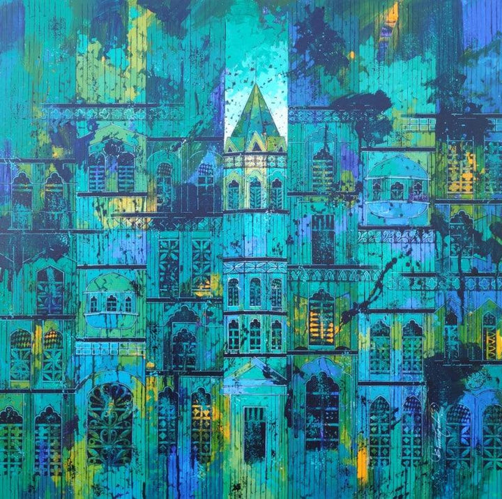 Cityscape acrylic painting titled 'Blue Green City', 36x36 inches, by artist Suresh Gulage on Canvas