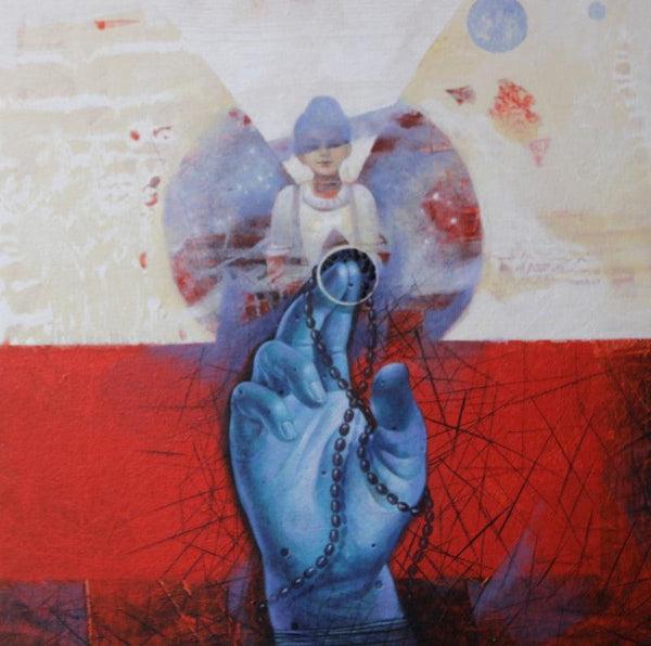 Religious acrylic painting titled 'Blue Hand 17', 20x20 inches, by artist Ashis Mondal on Canvas