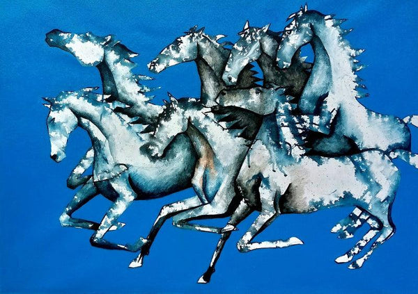 Animals acrylic painting titled 'Blue Horses', 21x31 inches, by artist Ranjith Raghupathy on Canvas