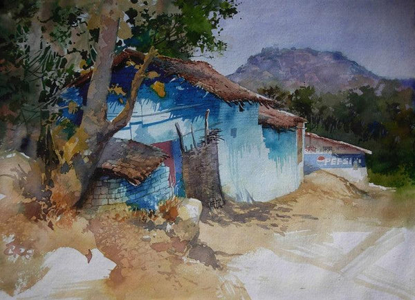 Cityscape watercolor painting titled 'Blue Houe In Diongergarh', 16x21 inches, by artist Bijay Biswaal on Handmade Paper