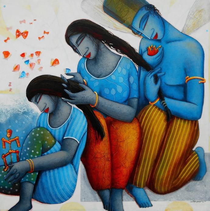 Figurative acrylic painting titled 'Blue Love Family', 36x36 inches, by artist Samir Sarkar on Canvas