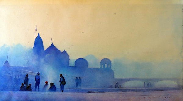 Cityscape watercolor painting titled 'Blue Morning II', 24x44 inches, by artist Nilesh Bharti on Paper