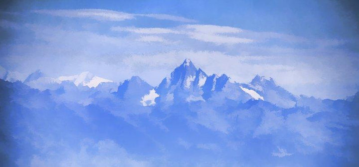 Landscape Digital Painting digital art titled 'Blue Mountain Peaks', 11x24 inches, by artist Ashwin Rajaraman on canvas