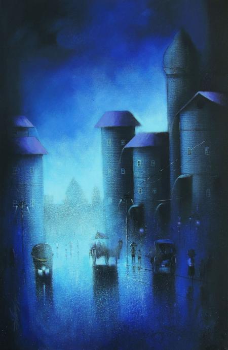 Cityscape acrylic painting titled 'Blue Night', 24x36 inches, by artist Somnath Bothe on Paper