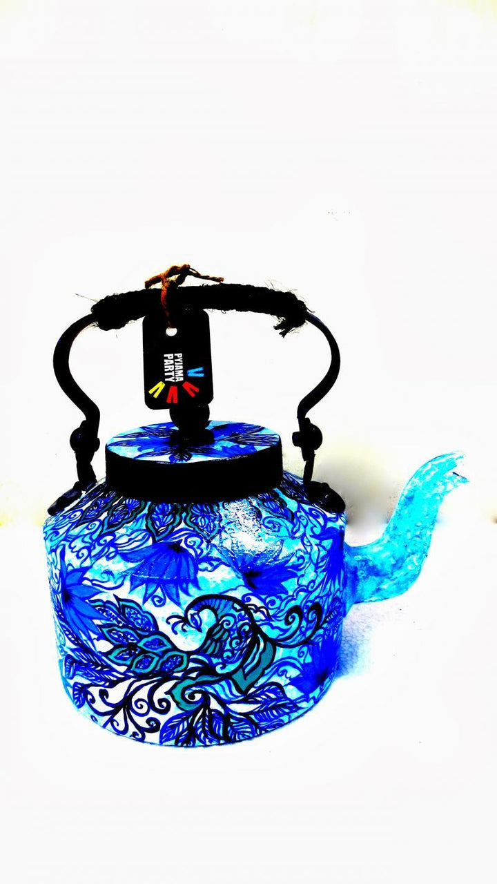 Lifestyle craft titled 'Blue Peacock Tea Kettle', 9x9x7 inches, by artist Rithika Kumar on Aluminium