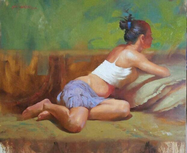 Figurative oil painting titled 'Blue Skirt 2', 36x42 inches, by artist Ganesh Hire on Canvas