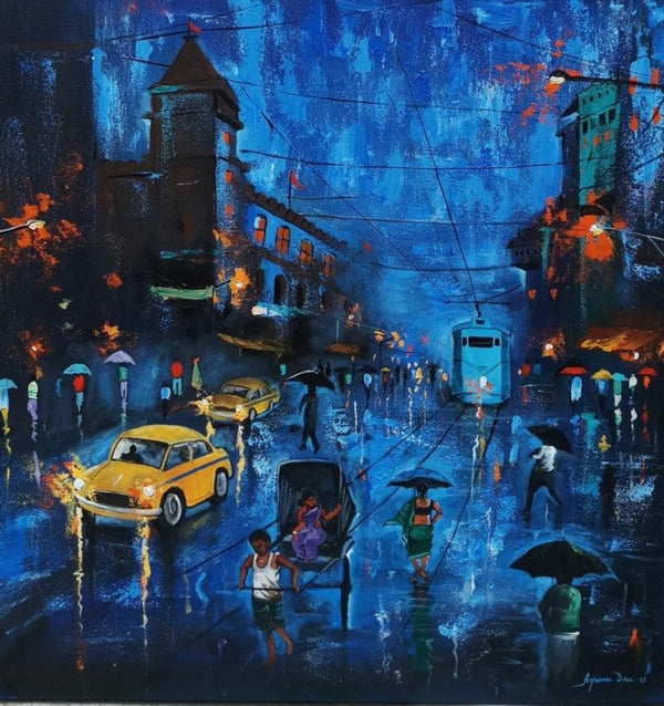 Cityscape acrylic painting titled 'Blue Sky Rainy Day', 30x30 inches, by artist Arjun Das on canvas