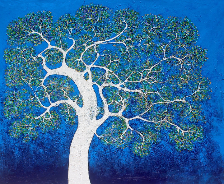 Nature acrylic painting titled 'Blue Tree', 50x62 inch, by artist Bhaskar Rao on Canvas