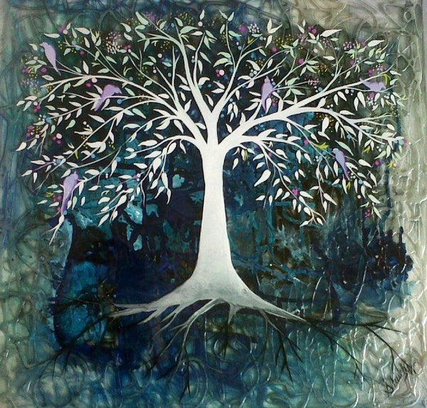 Realistic mixed media painting titled 'Blue Tree', 18x18 inches, by artist Shuchi Khanna on Canvas