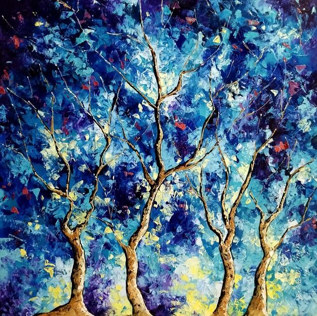 Nature oil painting titled 'Blue Winter 2', 30x30 inches, by artist Bahadur Singh on Canvas