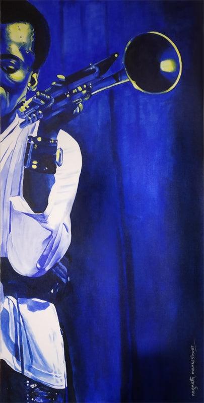 Figurative acrylic painting titled 'Blues 1 The Trumpet Player', 48x24 inches, by artist Nagnath Mankeshwar on Canvas