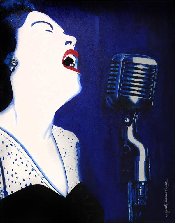 Figurative acrylic painting titled 'Blues 2 Female Jazz Singer', 28x22 inches, by artist Nagnath Mankeshwar on Canvas