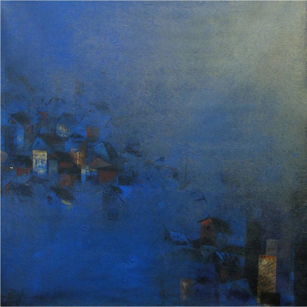 Abstract acrylic painting titled 'Blues City', 34x34 inches, by artist M Singh on Canvas