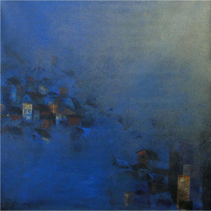 Abstract acrylic painting titled 'Blues City', 34x34 inches, by artist M Singh on Canvas