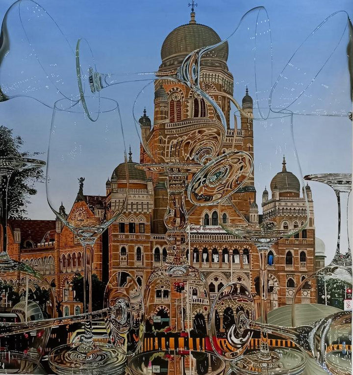 Cityscape oil painting titled 'Bmc Reflection I', 64x60 inches, by artist Tauseef Khan on Canvas