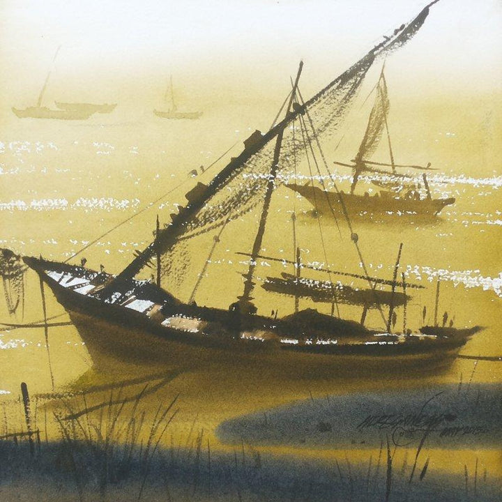 Nature watercolor painting titled 'Boat 16', 12x12 inches, by artist Ganesh Hire on Paper