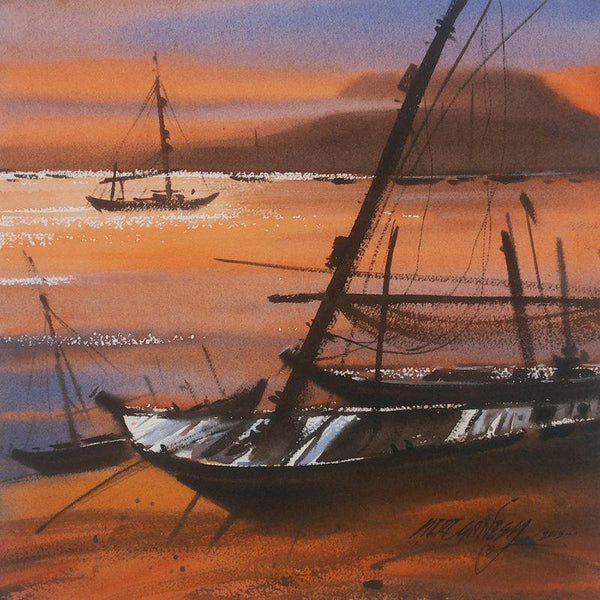 Nature watercolor painting titled 'Boat 18', 12x12 inches, by artist Ganesh Hire on Paper