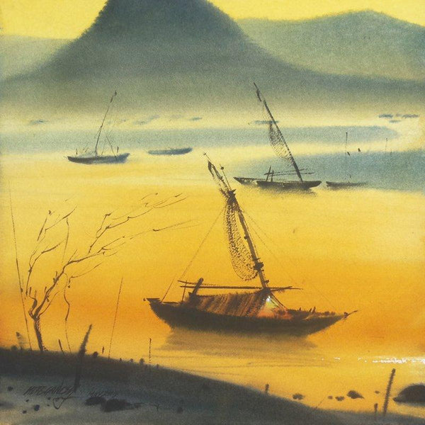 Nature watercolor painting titled 'Boat 21', 12x12 inches, by artist Ganesh Hire on Paper