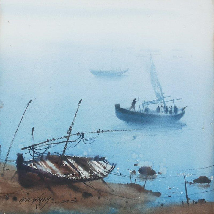 Nature watercolor painting titled 'Boat 25', 12x12 inches, by artist Ganesh Hire on Paper