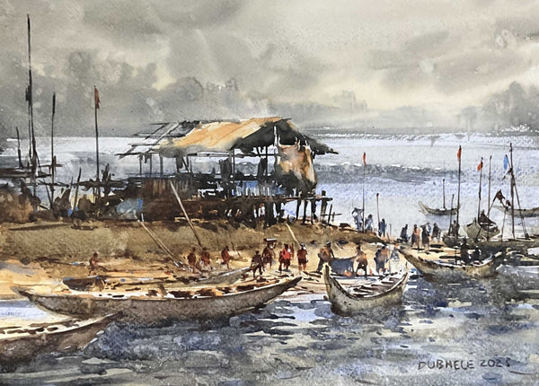 Seascape watercolor painting titled 'Boat 3', 16x20 inch, by artist Amol Dubhele on Paper