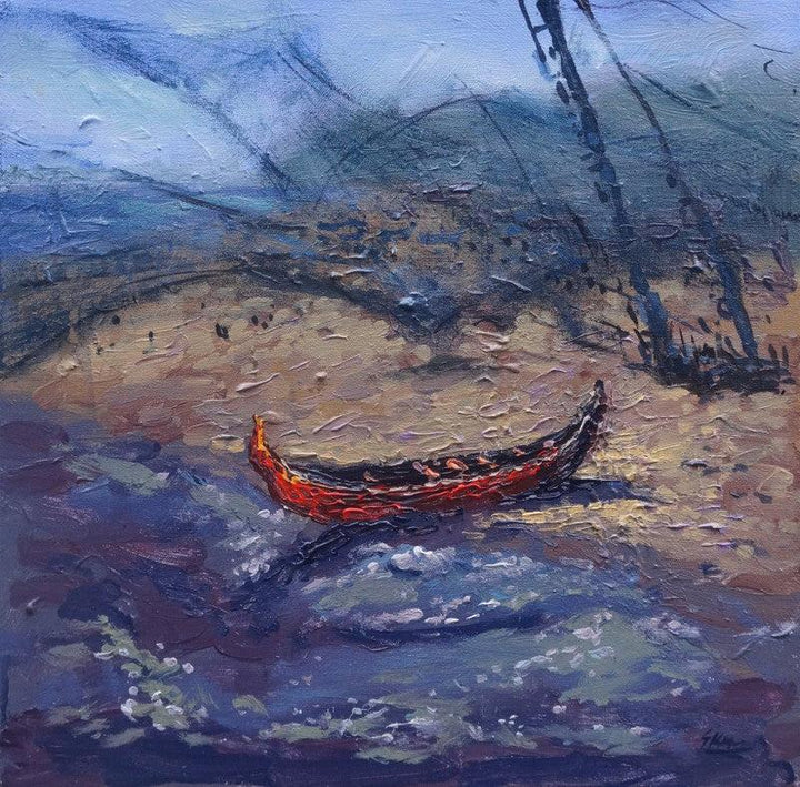 Seascape acrylic painting titled 'Boat 3', 18x18 inches, by artist Shubham Kesur on Canvas