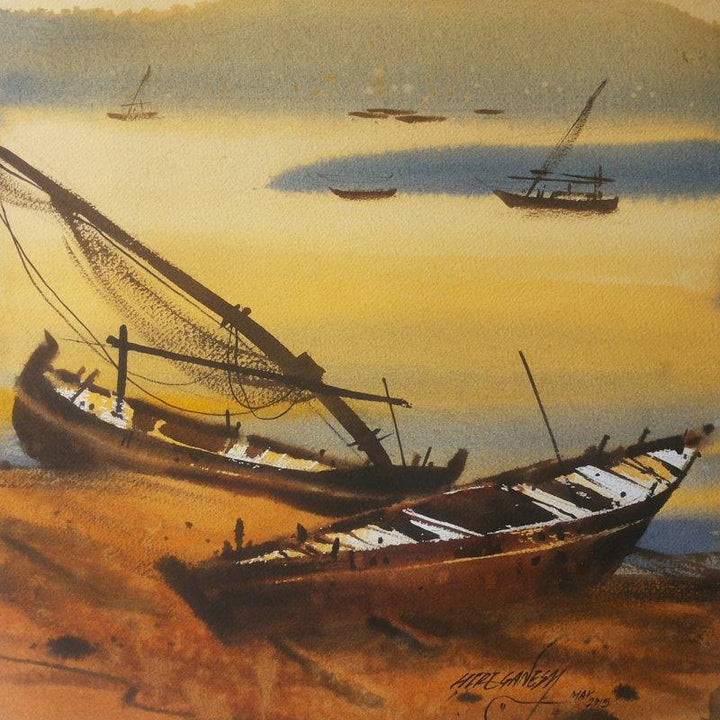 Nature watercolor painting titled 'Boat 35', 12x12 inches, by artist Ganesh Hire on Paper