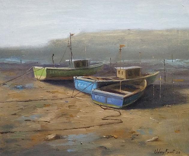 Seascape oil painting titled 'Boat 4', 14x16 inches, by artist Uday Farat on Mount Board