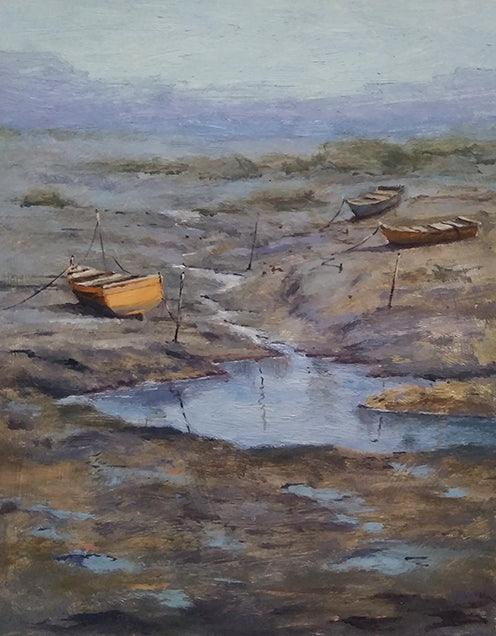 Seascape oil painting titled 'Boat 5', 16x14 inches, by artist Uday Farat on Mountboard