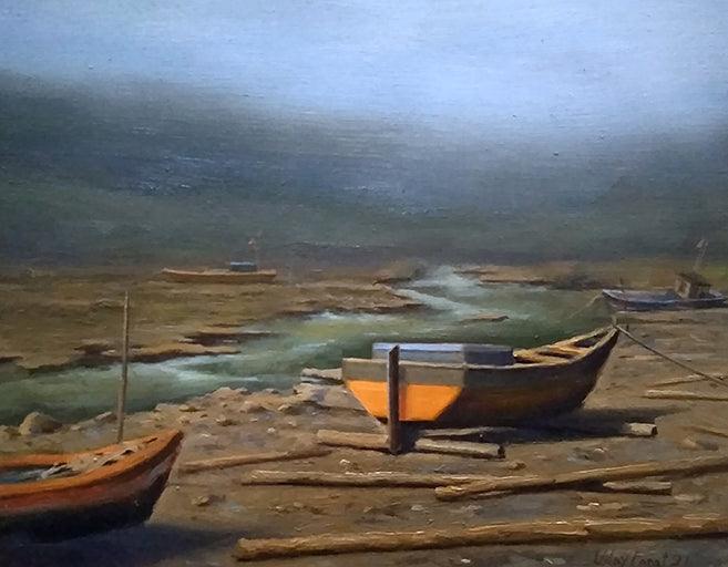 Seascape oil painting titled 'Boat 6', 14x16 inches, by artist Uday Farat on Mount Board