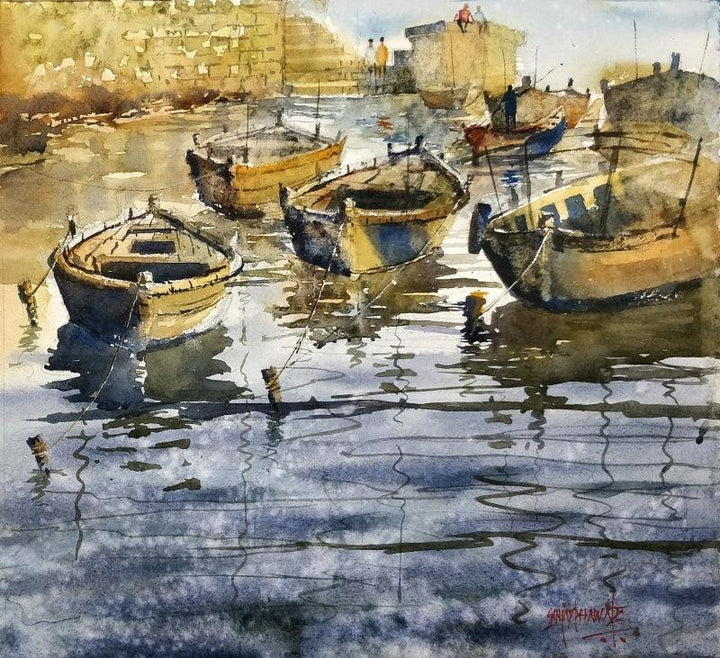 Cityscape watercolor painting titled 'Boat At Banaras', 14x14 inches, by artist Sanjay Dhawale on Paper