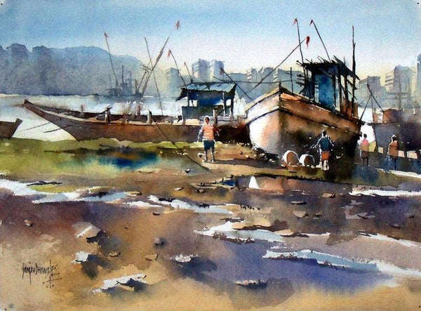 Seascape watercolor painting titled 'Boat at Retibandar', 11x15 inches, by artist Sanjay Dhawale on Handmade Paper