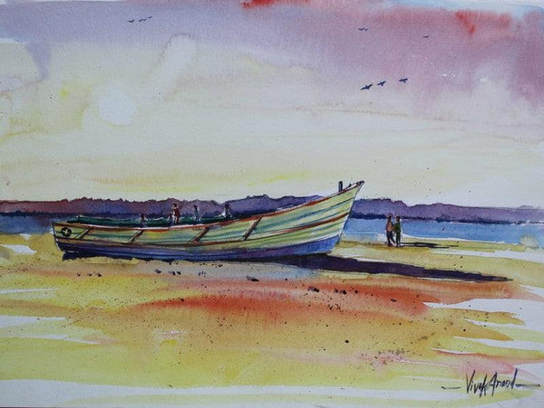 Seascape watercolor painting titled 'Boat at Thengai Patnam', 15x11 inches, by artist Vivekanand Viswam on Paper