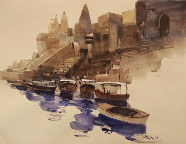 Religious watercolor painting titled 'Boat By Boat Nearer To The Ghats 4', 20x25 inches, by artist Prashant Prabhu on Archival Paper