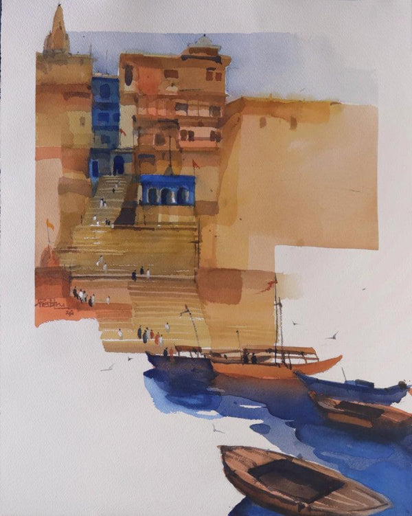Religious watercolor painting titled 'Boat By Boat Nearer To The Ghats 7', 22x18 inches, by artist Prashant Prabhu on Archival Paper