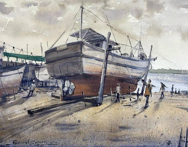 Landscape watercolor painting titled 'Boat Construction Mangalore India', 11x15 inches, by artist KS Farvez on Paper