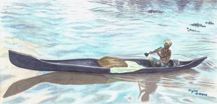 Seascape watercolor painting titled 'Boat in backwaters', 12x6 inches, by artist Guru Rajesh on Paper