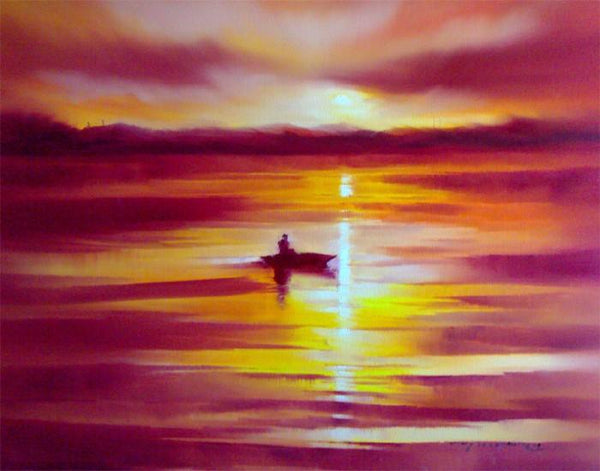 Seascape oil painting titled 'Boat in the Sea', 36x48 inches, by artist Narayan Shelke on Canvas