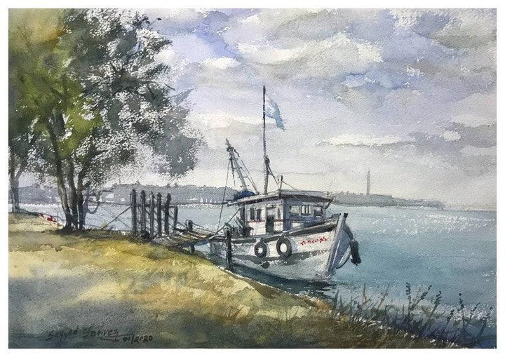 Landscape watercolor painting titled 'Boat Kodi Beach Ksfarvez', 10x14 inches, by artist KS Farvez on Paper