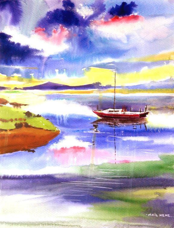 Landscape watercolor painting titled 'Boat N Colors', 11x17 inches, by artist Anil Nene on Paper