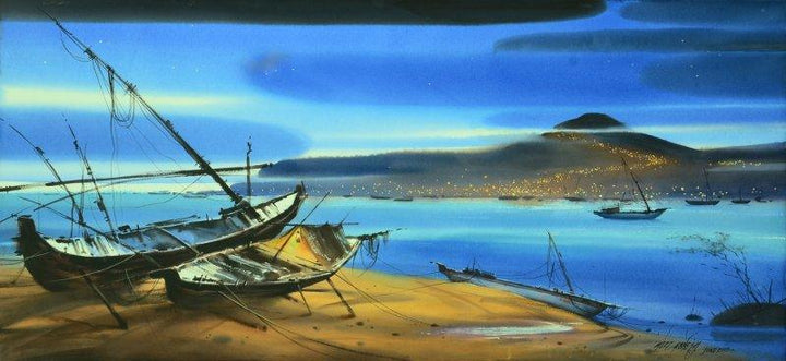 Nature watercolor painting titled 'Boat On The Sea Shore 2', 36x72 inches, by artist Ganesh Hire on Paper