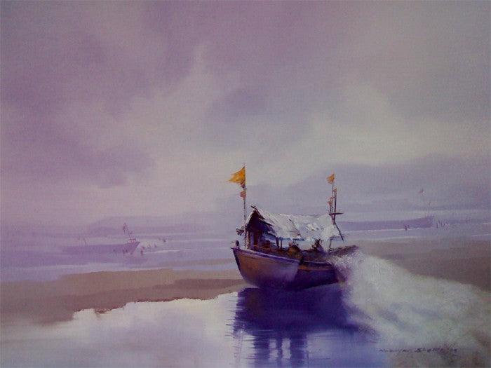 Seascape oil painting titled 'Boat on the Shore I', 36x48 inches, by artist Narayan Shelke on Canvas