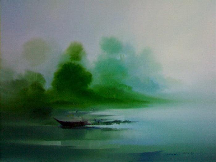 Seascape oil painting titled 'Boat on the Shore II', 36x48 inches, by artist Narayan Shelke on Canvas