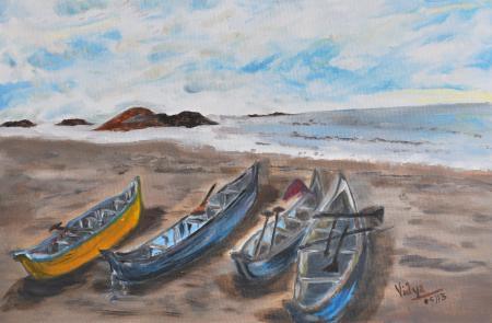 Seascape oil painting titled 'Boat Series1', 12x18 inches, by artist Vidya Lakshmi on Canvas