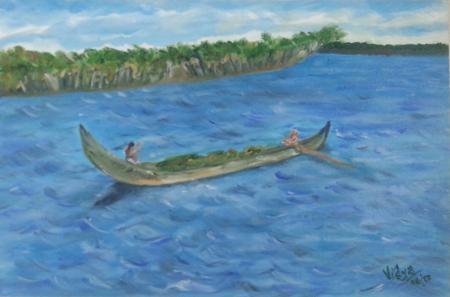 Seascape oil painting titled 'Boat Series3', 12x18 inches, by artist Vidya Lakshmi on Canvas