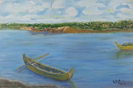 Seascape oil painting titled 'Boat Series6', 12x18 inches, by artist Vidya Lakshmi on Canvas